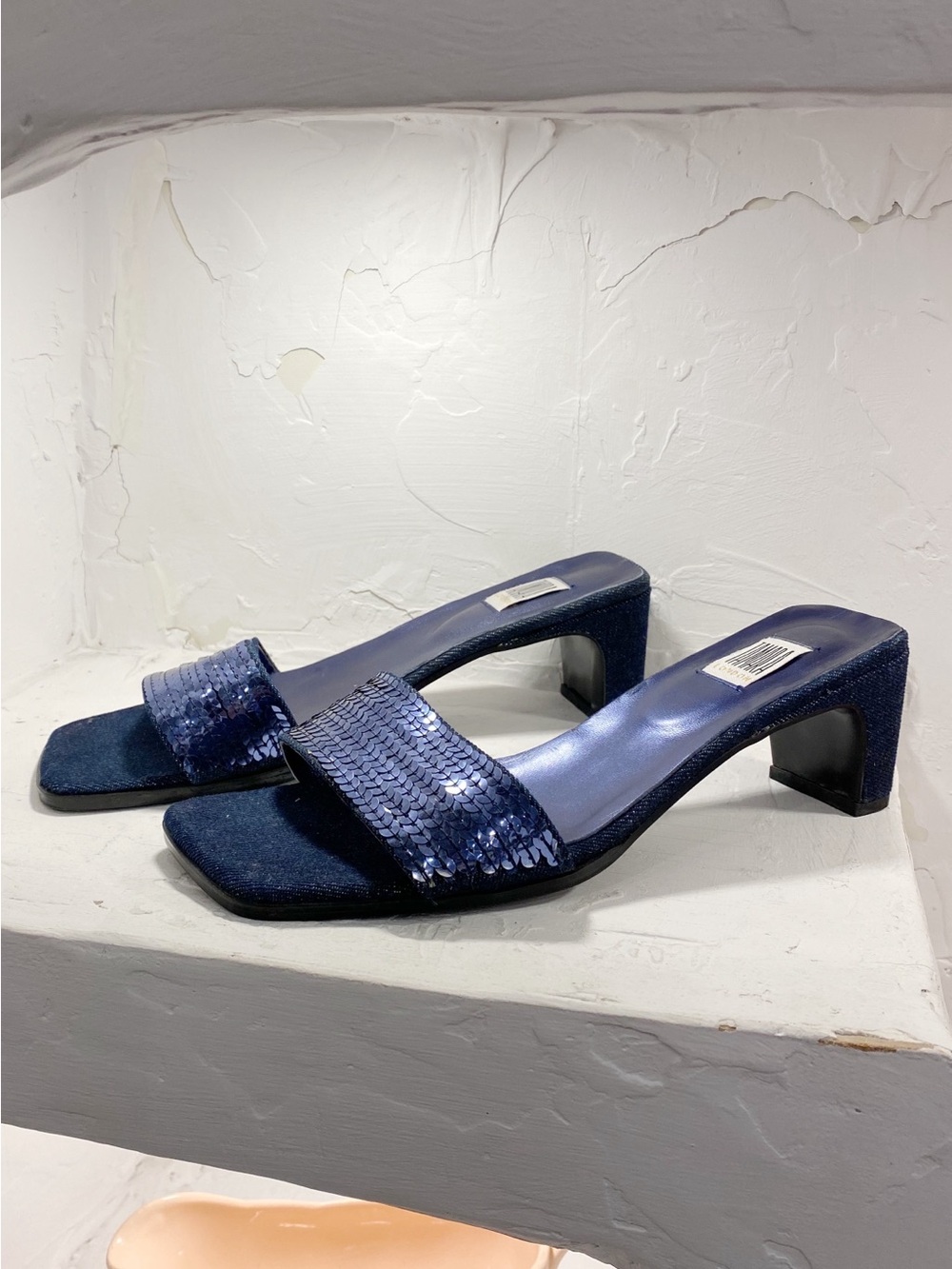 Denim and Sequinned Low Heel Slide Mule Sandals